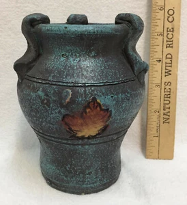 Urn Vase Pottery Blue Textured Glaze Maple Leaf Handcrafted Clay Art 5" - Picture 1 of 5