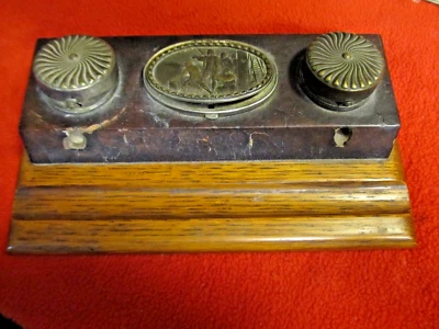 Antique Wood & silverplate COLUMBUS Desk Set Double Inkwell "Old Estate" - Image 1 of 4