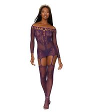 SCALLOPED LACE & FISHNET GARTER DRESS ATTACHED THIGH HIGHS STOCKINGS