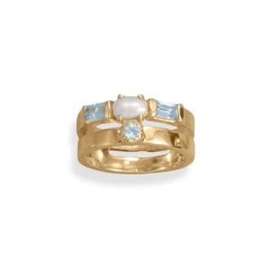 14k Gold Plated 925 Silver Cultured Freshwater Pearl & Blue Topaz Fashion Ring - Picture 1 of 1
