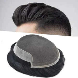 LYRICAL HAIR Toupee For Men French Lace Front Human Hair Hairpiece 7 * 10", 1B# - Picture 1 of 13