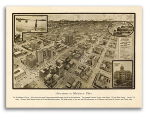 1912 Houston Texas Vintage Old Panoramic City Map - 24x32 - Picture 1 of 4