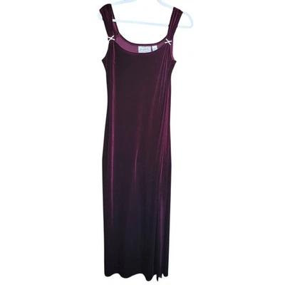 Vintage Mary McFadden Maxi Dress Velvet Side Slit Size 10 Y2K Wine Red Rhineston - Image 1 of 4
