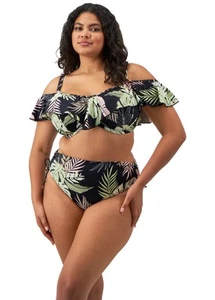 ELOMI TROPICAL RETREAT UNDERWIRE BARDOT BIKINI TOP & ADJUSTABLE BRIEF 36E / 14E - Foto 1 di 1