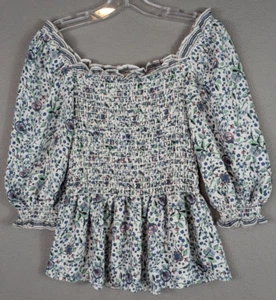 Max Studio Blouse Women's Floral Smocked Peasant Puff Sleeve Cottagecore Size M - Picture 1 of 10