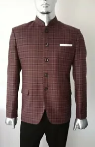 MEN'S WOOL CHECKED BEATLES MANDARIN NEHRU GRANDAD COLLAR BLAZER JACKET  - Picture 1 of 4