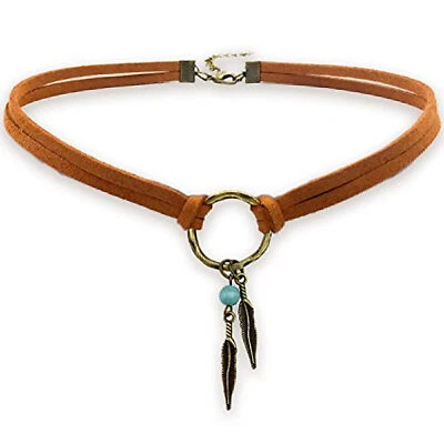 Suede Choker Necklace for Women, Native American Indian Jewelry Bohemian Feather - Image 1 of 4