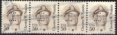 Perfins USA 1980, Sc1857 4x 50c Chester W Nimitz. Used I - Image 1 of 3