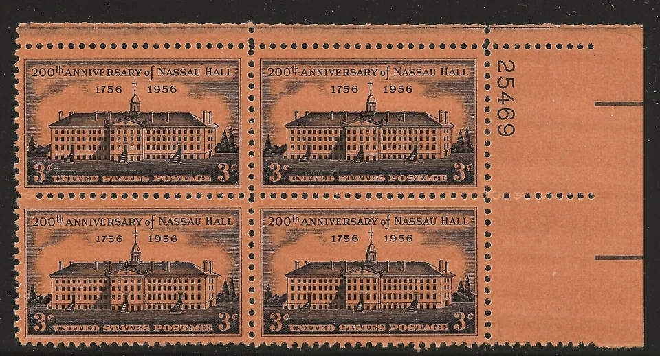US Scott #1083, Plate Block #25469 1956 Nassau Hall 3c FVF MNH Upper Right - Image 1 of 1