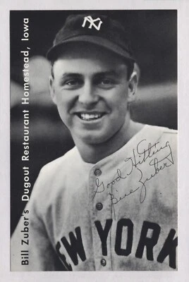 NY Yankees Baseball Player Postcard  Advertising Bill Zuber's Dugout Restaurant - Image 1 of 2