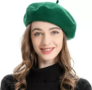 ZLYC Wool French Beret Hat Solid Color Cap for Women One Size, Green  - Picture 1 of 9
