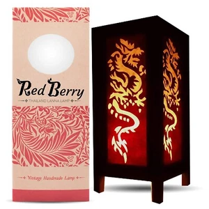 RED BERRY THAILAND LANNA LAMP - Vintage Asian Lamp with Fabric Square Lamp - ... - Picture 1 of 6