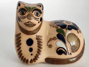 Gato en posición de esfinge cerámica arcilla roja floral Tonala estilo arte mexicano usado en excelente estado - Imagen 1 de 6