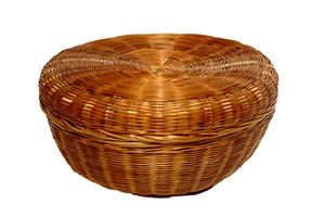 Vintage Woven Wicker Lidded Sewing Basket Round - Picture 1 of 4