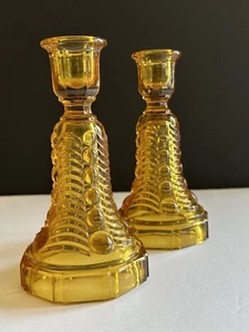 Pair Antique Amber Depression Glass Art Deco Nouveau Candle Stick Holders 6.25” - Picture 1 of 22