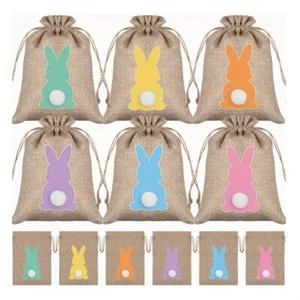 6 Stck. Ostern Hase Sackleinen Geschenktüten und Kordelzug Kaninchen Leinen Süßigkeiten Geschenktüte - Bild 1 von 9