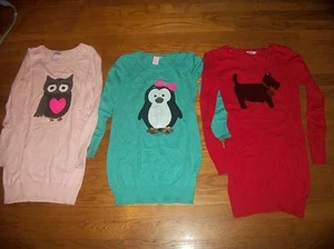 CANDIE'S LONG SWEATER TUNIC DRESS SEQUIN OWL PENGUIN SCOTTIE DOG GIRL SZ M 10 12 - Picture 1 of 7