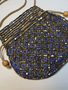 Purple Gold Drawstring Pouch Bag Potli Hindu Indian Sequined Beaded 8.5” Wide - Picture 1 of 12