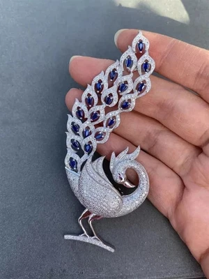 3Ct Pear Cut Lab-Created Sapphire Peacock Women Brooch Pin 14K White Gold Plated - image 1 of 4