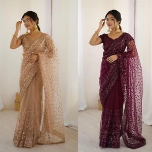 SAREE BLOUSE BOLLYWOOD PARTY WEAR INDIAN PAKISTANI NEW SARI WEDDING DESIGNER - Picture 1 of 13