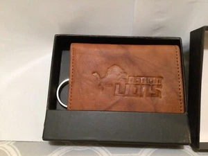 DETROIT LIONS Embossed Brown Leather TriFold WALLET & Keyring NIB! #YD-5 - Picture 1 of 6