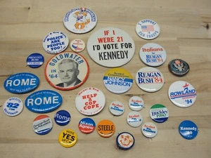 VINTAGE LOT 28 POLITISCHE PINBACKS BUTTONS KENNEDY GOLDWATER VOTE REAGAN BUSH - Bild 1 von 4