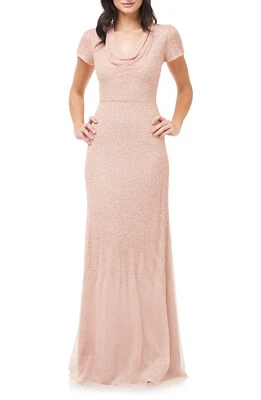 JS Collections Cowl Neck Beaded Mesh Gown, Cowl neck, Fitted waist Sz 8 $298 NWT - Image 1 of 4