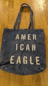 90s American Eagle Denim Tote Bag Distressed Blue Jean Medium Size Purse 15x16x4 - Picture 1 of 12