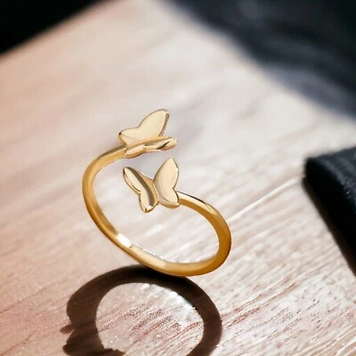 Silver Butterfly Ring 2 Butterflys Adjustable Ring Dainty Ring Gold Plated Ring - Image 1 of 4