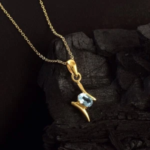 Blue Topaz Oval Cut Stone Thunder Shape 925 Silver Pendant Women Necklace Gift - Picture 1 of 8