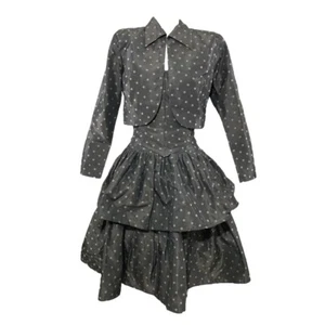norma kamali 1980s gray polka dot taffeta 3 piece set w/jacket + corset + skirt - Picture 1 of 9