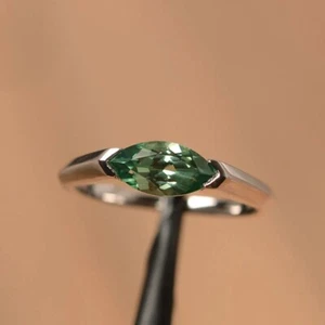 Green sapphire solitaire ring marquise cut east west  925 sterling silver ring  - Picture 1 of 5