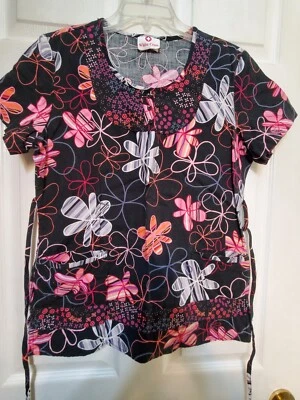 WHITE CROSS Scrub Top size S-Black/Pink/White Floral Print-Chest 21"/L25" - Image 1 of 4