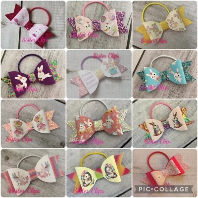 Girls Handmade EASTER Bunny Rabbit 4" glitter Bow Bobbles - Image 1 of 4