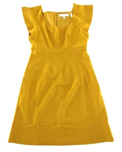 LARK & RO Mustard Yellow Stretch Cap Sleeve Pocket Square Neck Sheath Dress 6 - Picture 1 of 5