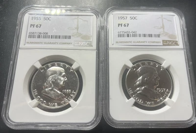  Two Proof Franklin Half Dollars 1955 1957 NGC MS 67 - Image 1 of 4