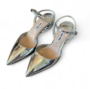 Authentic Miu Miu Silver Leather Pointed Toe Slingback Pumps - Picture 1 of 7