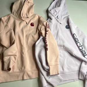Carhartt Womens Pullover Hoodie Lot Size L 12-14 Pink & Lilac Logo Sleeve - Picture 1 of 10