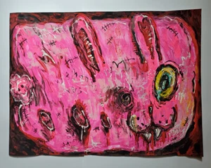 "PINK BUNNY" Großes Original Gemälde auf Papier vom Künstler HAPPY GRAVE Jahr 2022 - Bild 1 von 2