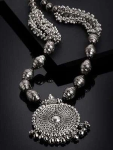 Conjunto de joyería collar largo afgano oxidado plata étnica tradicional indio - Imagen 1 de 5