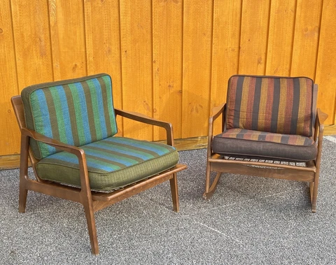 Pair Mid Century Rocking Chair Club All Original Cushions MCM Reversible Cushion Cover