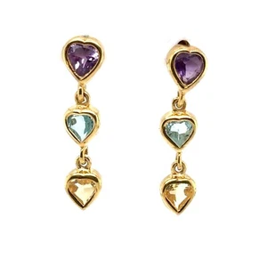 14KT YELLOW GOLD MULTI-GEMSTONE HEART DROP/DANGLE EARRINGS 3.5 GRAMS - Picture 1 of 4