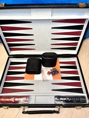 Vtg Backgammon Game Faux Leather Case Black/Maroon/Gray New Other Gold Accent - Image 1 of 4