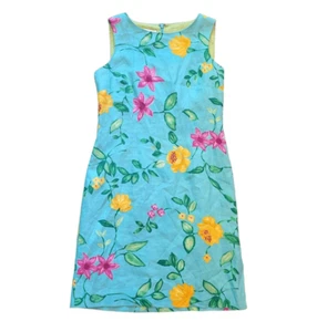 Talbots Dress Women's 4 Blue Tropical Floral Linen Sleeveless Sheath Midi - Picture 1 of 4