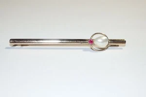 Antique Victorian Edwardian 9k Gold Filled Half Pearl and Ruby Bar Pin Brooch - Picture 1 of 6