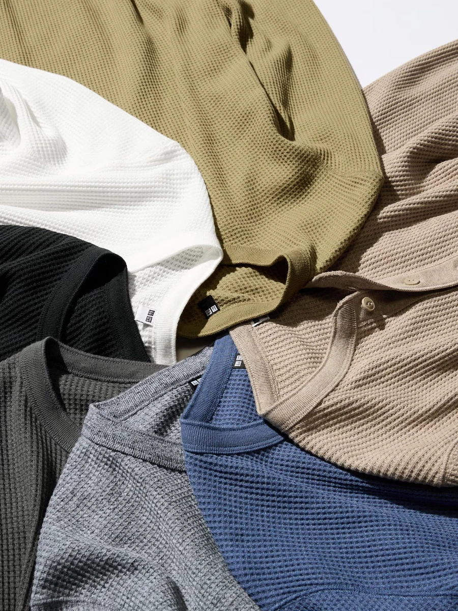UNIQLO Waffle Henley Neck Long-Sleeve T-Shirt S-4XL Round-Hem Men