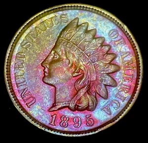 Rainbow 1895 Indian Head Cent Au++ Near Unc Penny Nice Cherry Blue Colors - Picture 1 of 2