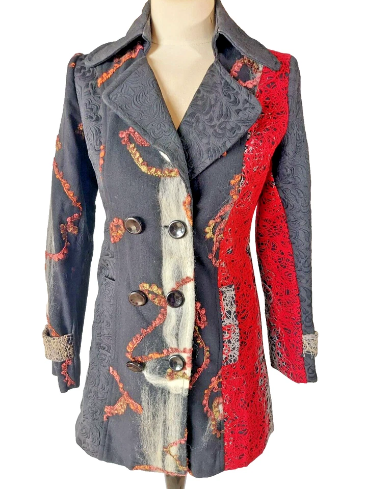 Neslay Paris Anthropologie Black Red Patchwork Brocade Coat Double Breast Size S - Image 1 of 4