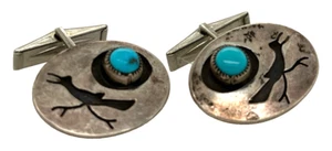 Native American Sterling Silver Turquoise Roadrunner 7/8" Cufflinks 9.53g SW - Picture 1 of 5