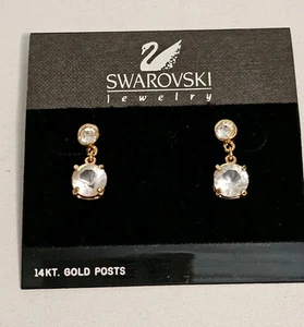 Swarovski 14K Gold Post Crystal Dangle Drop 1" Earrings, New with gift box - Picture 1 of 5